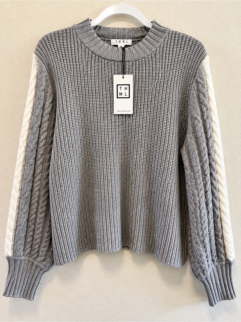 THML Gray Crewneck Sweater with Cream Cable-Trim Sleeves